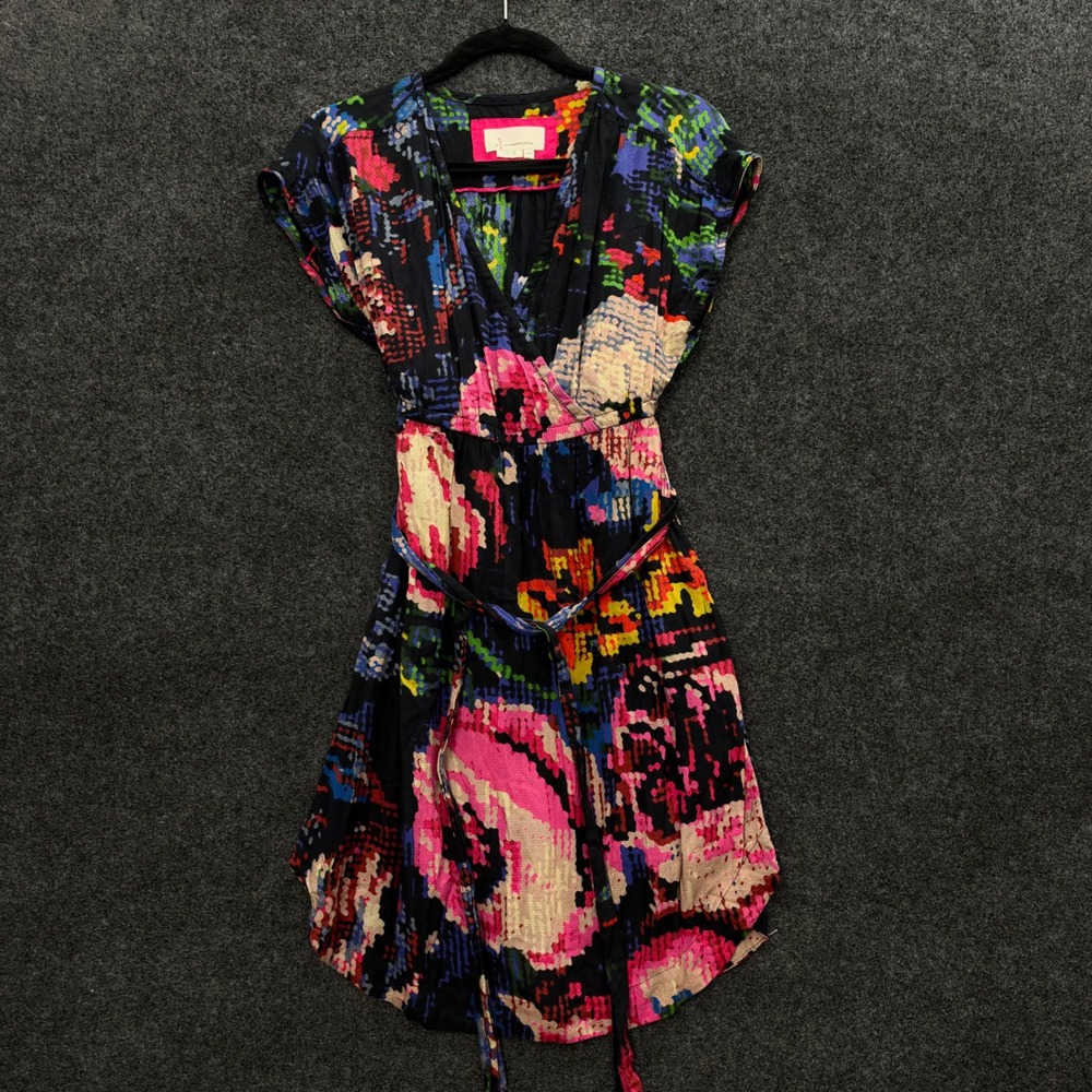 Anthropologie Multi Color Pixelated Floral Faux Wrap Dress XXSP Petite
